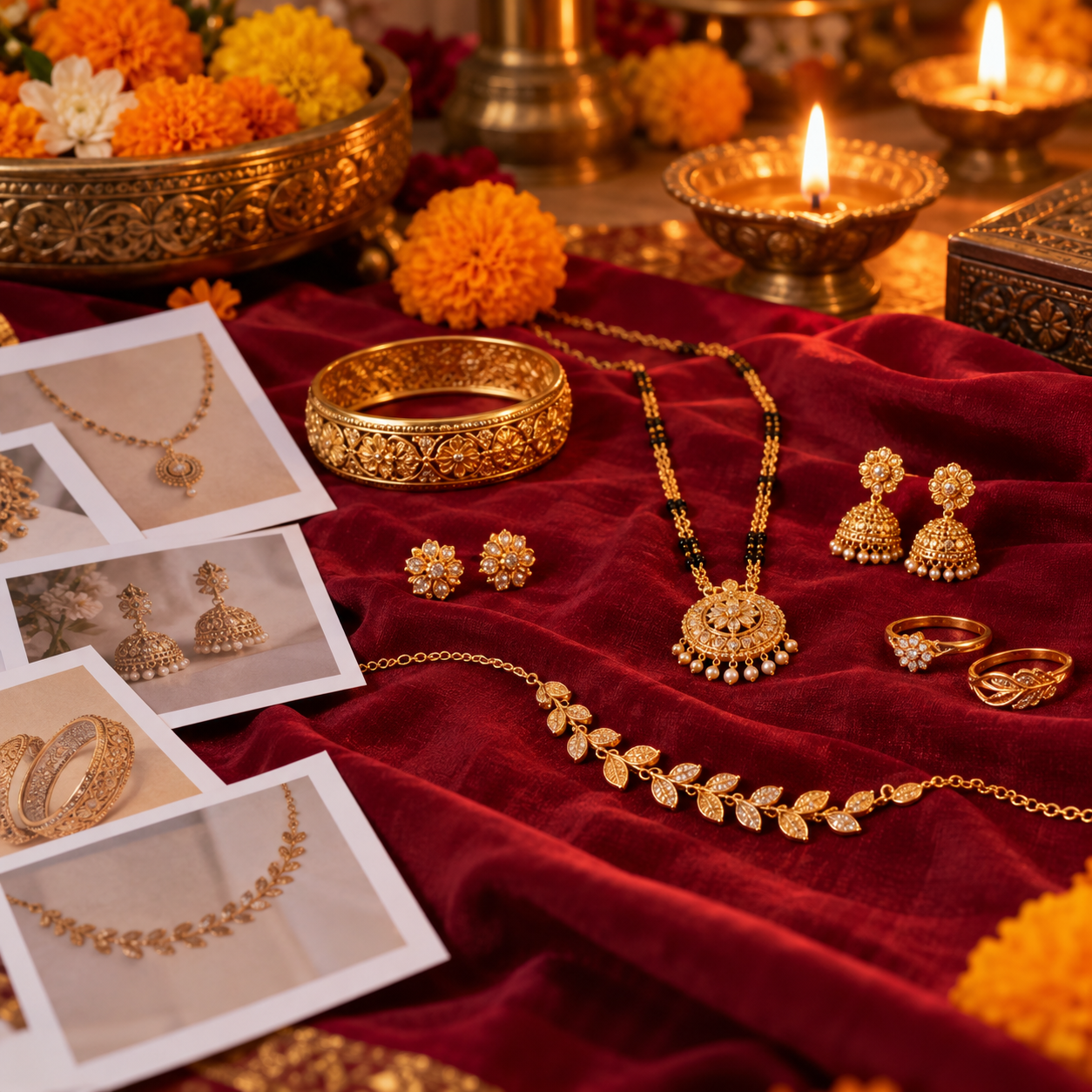 Gold jewellery arranged with a softly lit Diwali background and a several generic jewelry photographs nearby